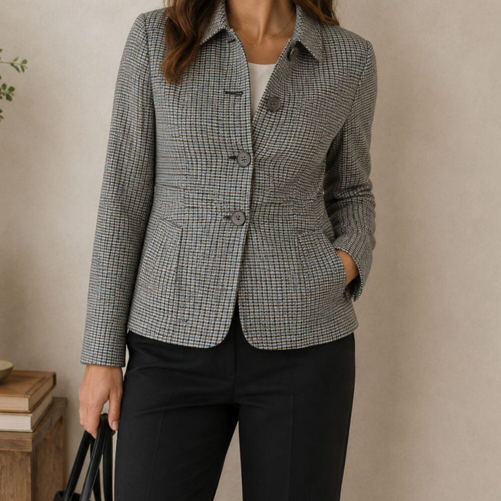 Banana Republic Womens Blazer Size 14 Houndstooth Wool Linen Tailored Career